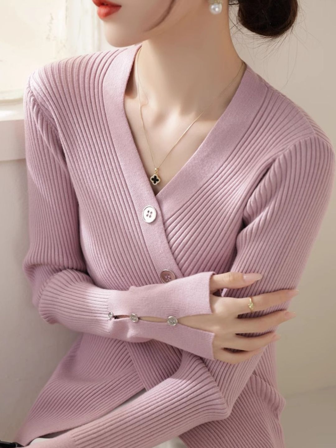 V-neck Cross Button Slit Sweater