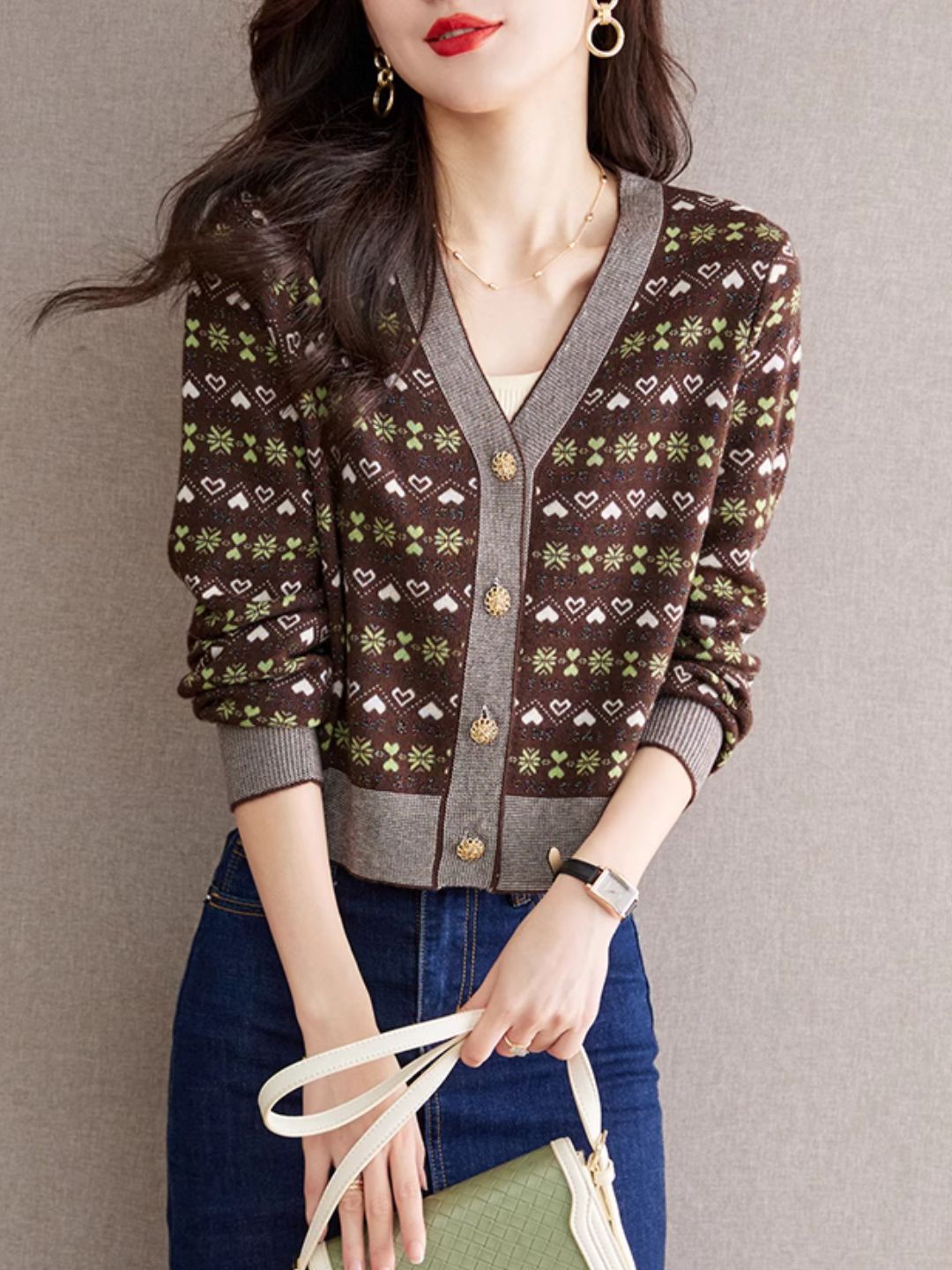 V-neck Contrast Color Knitted Cardigan