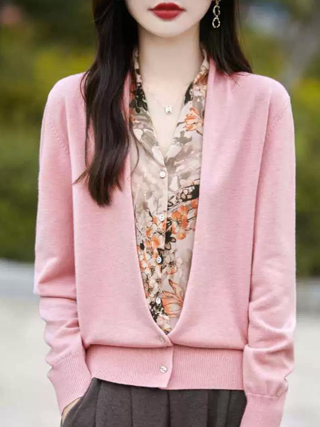 Casual V-Neck Printed Knitted Cardigan