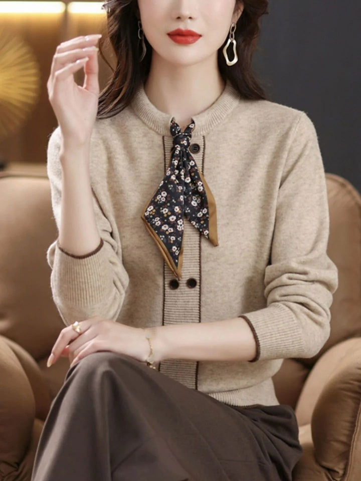 Classic Solid Color Bow Scarf Knitted Sweater