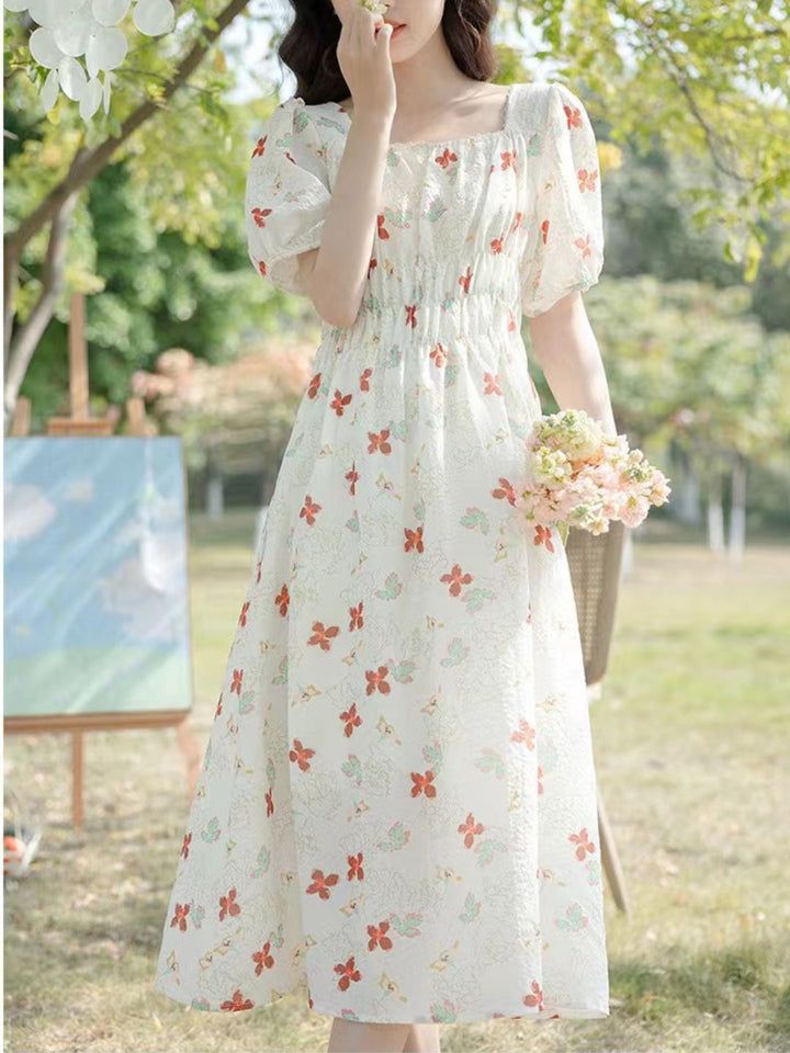 Puff Sleeve Slim Floral Dress