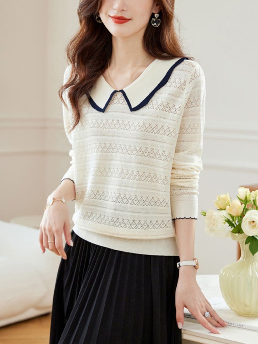 Grace Casual Doll Collar Hollowed Knitted Top