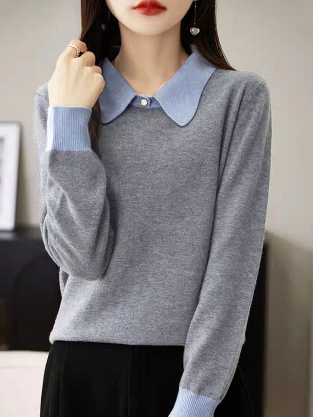 Loose Lapel Color-Blocked Knitted Top