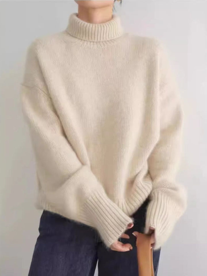 Turtleneck Solid Color Knitted Top -  Grey