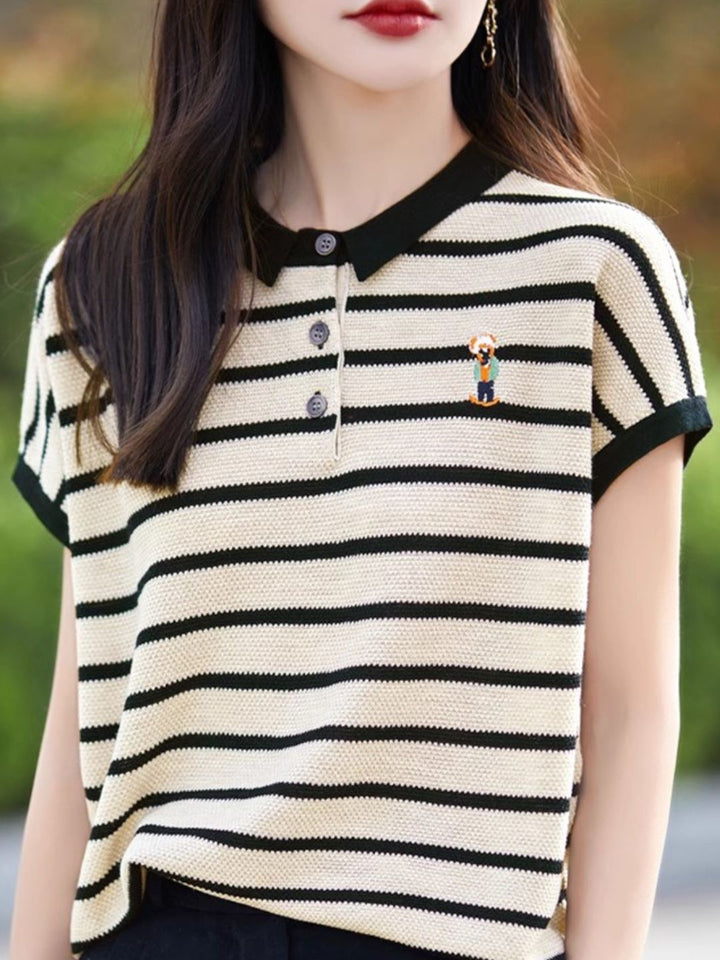 Contrast Stripe Polo Neck T-Shirt - Black