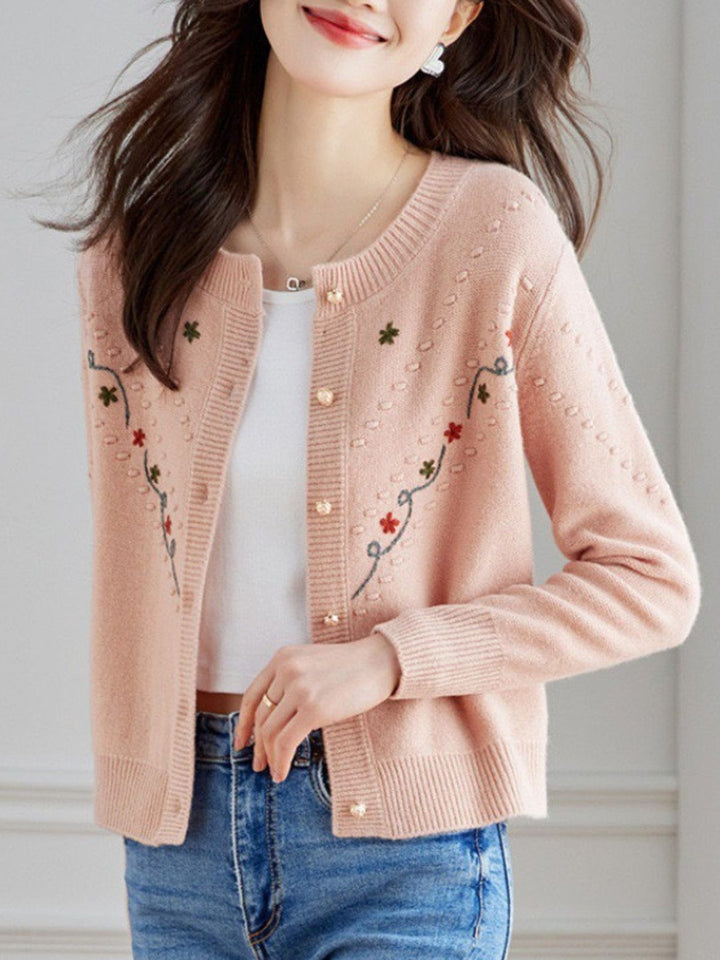 Crew Neck Embroidered Knitted Cardigan - Pink