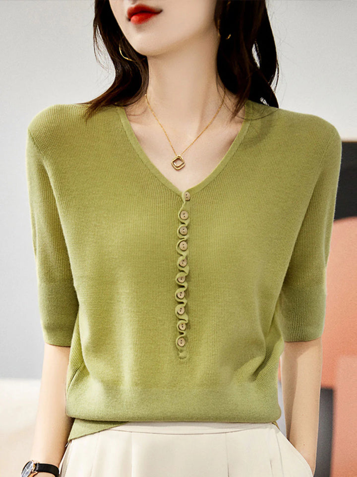 Loose V-Neck Button Knitted Top - Green