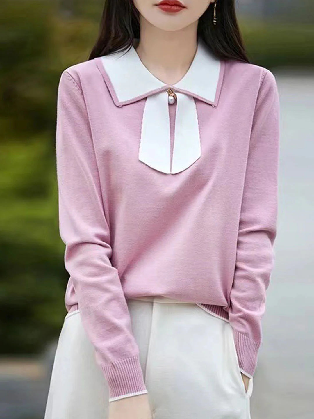 Doll Collar Bow Colorblock Knitted Top - Blue