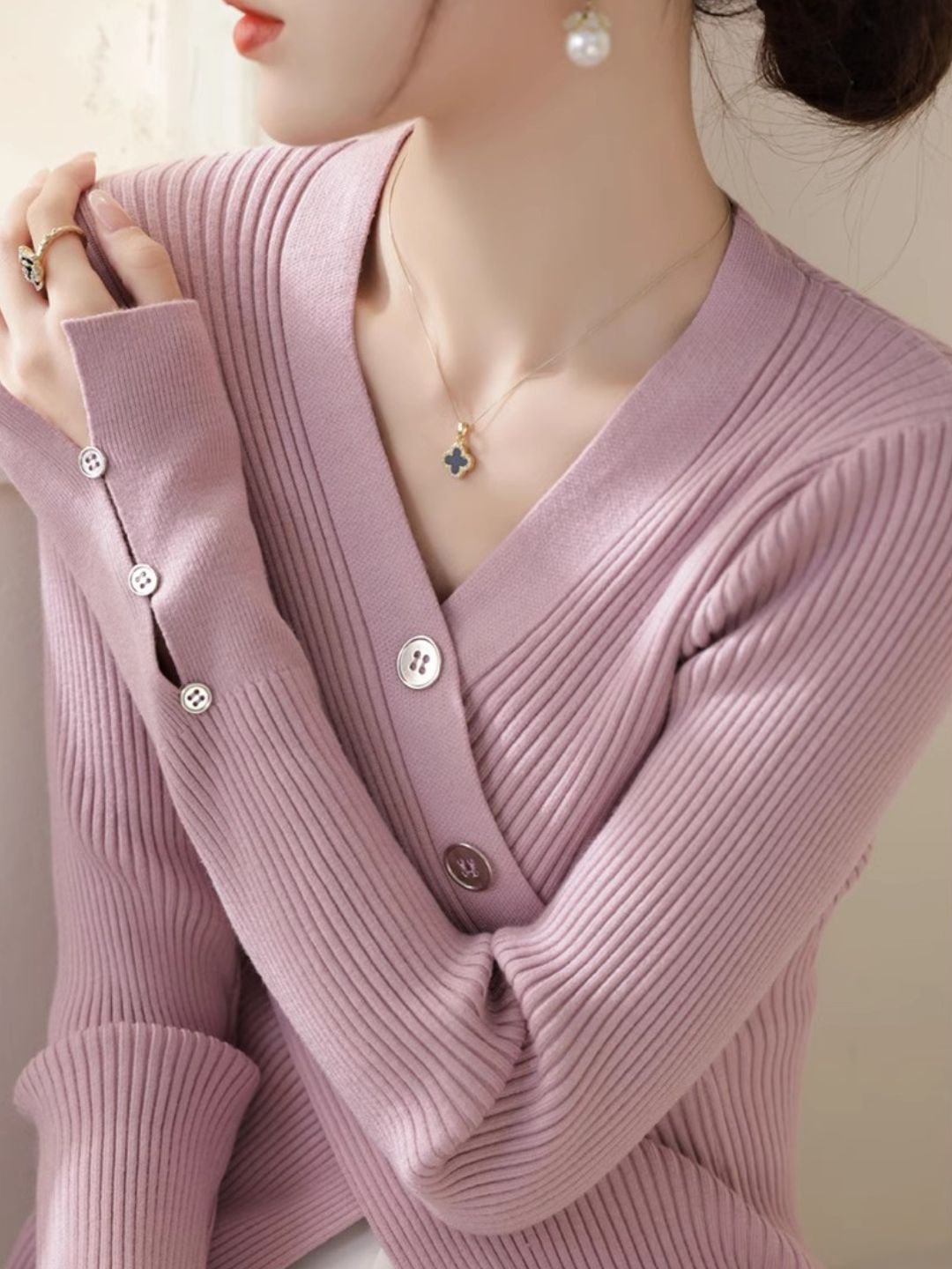 V-neck Cross Button Slit Sweater