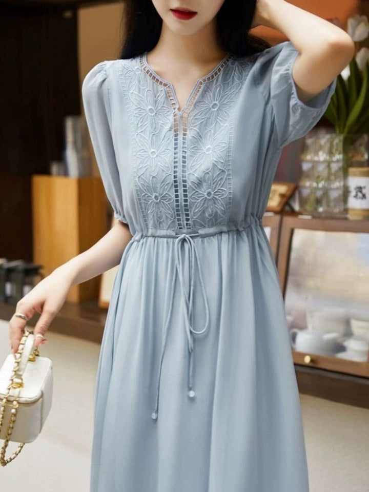 Elegant V-neck Embroidered Dress