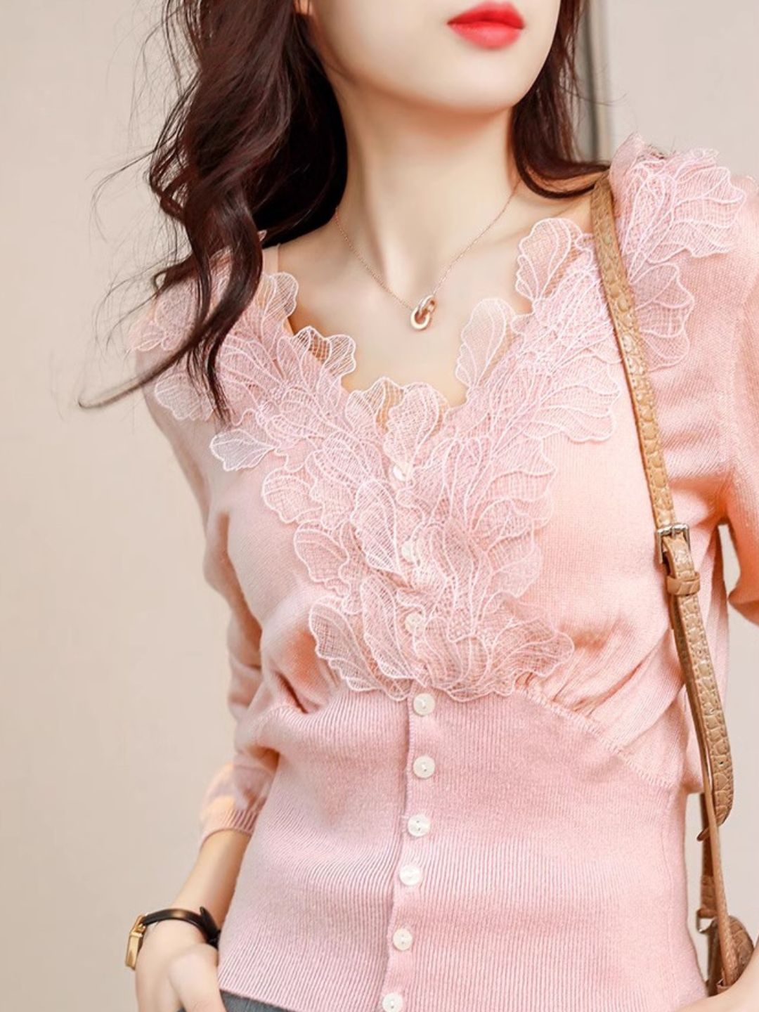 Elegant V-neck Lace Knitted Cardigan - Pink