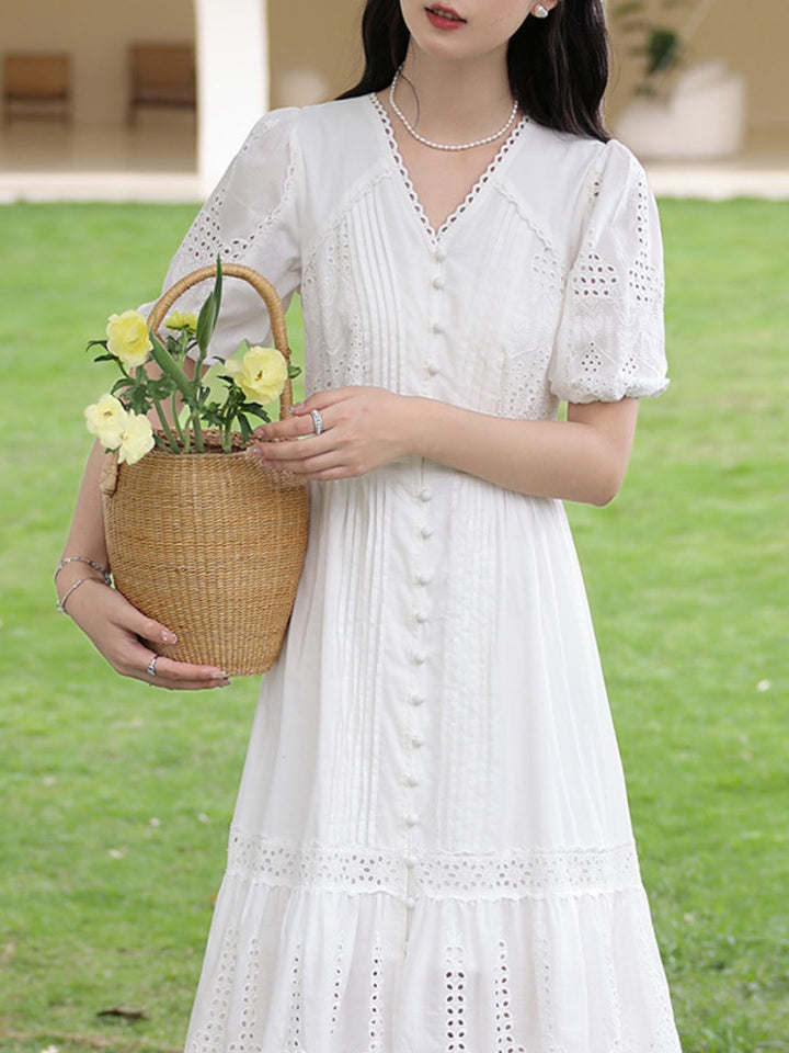 V-neck Lace Puff Sleeve Midi Dress