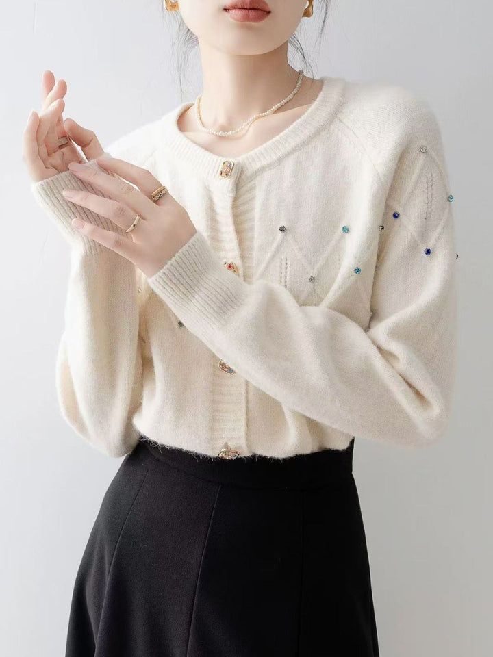 Crew Neck Beaded Knit Cardigan