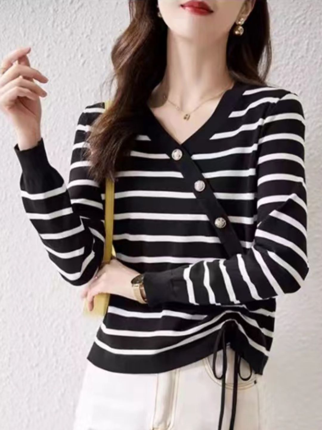 V-Neck Drawstring Striped Knitted Top