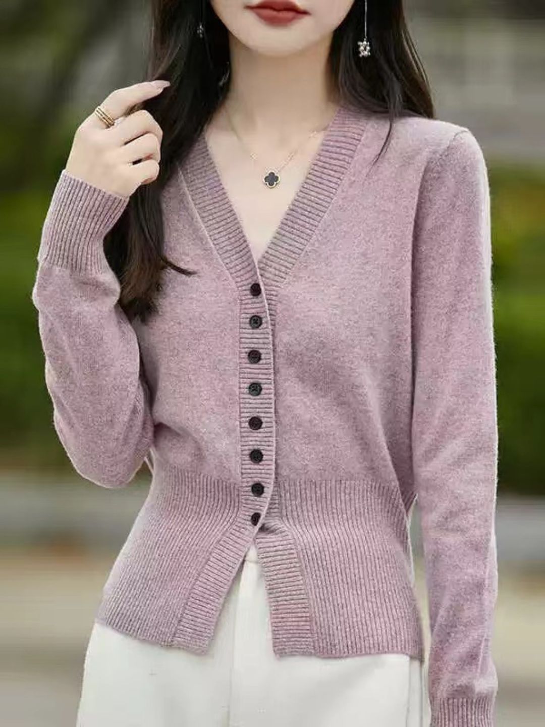 French V-neck Simple Knitted Cardigan