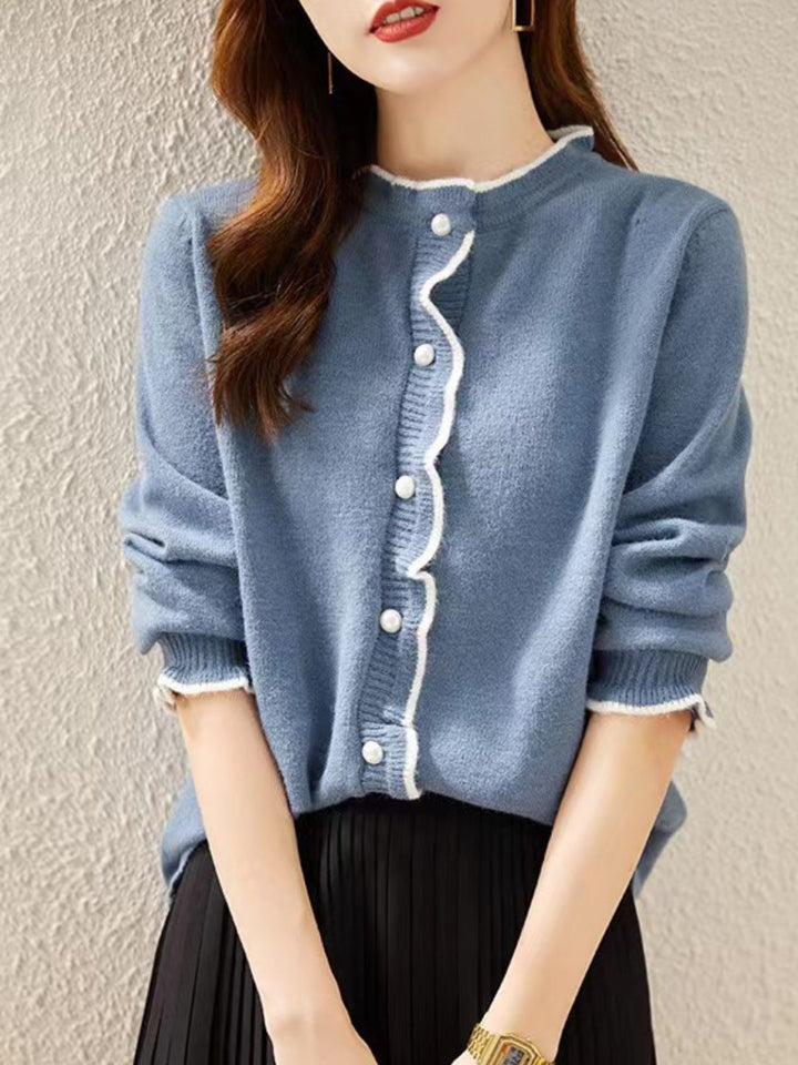 Elegant Solid Color Knitted Cardigan - Blue