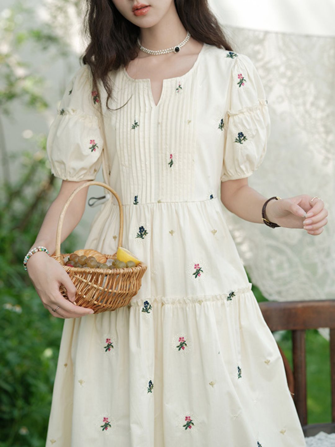 Puff Sleeve Embroidered Flower Dress