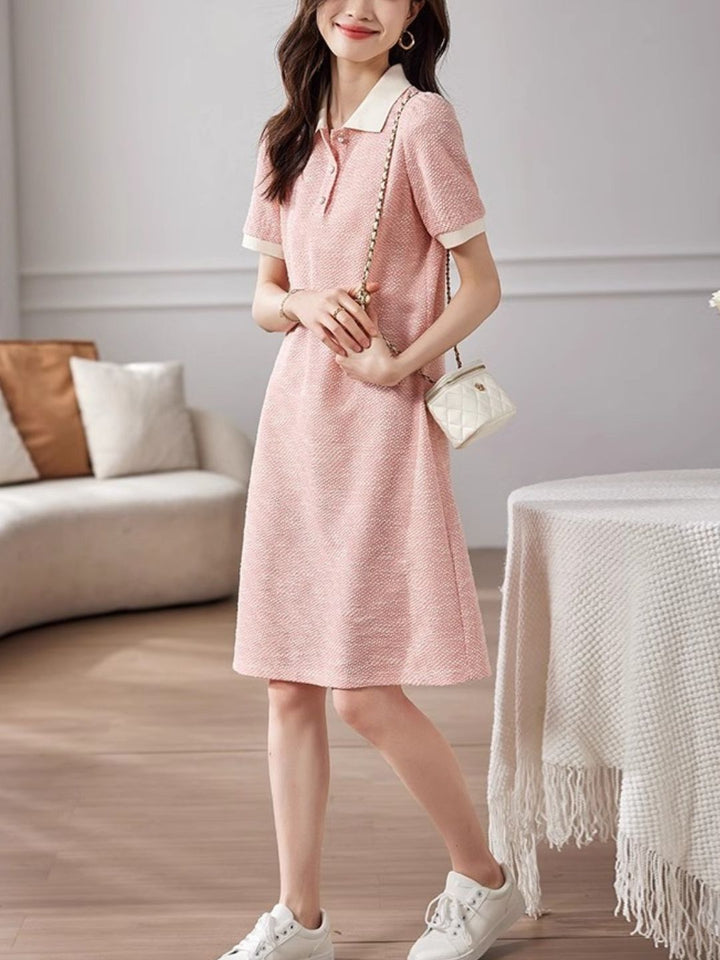 Contrast Color Lapel Textured Short Sleeve Dress