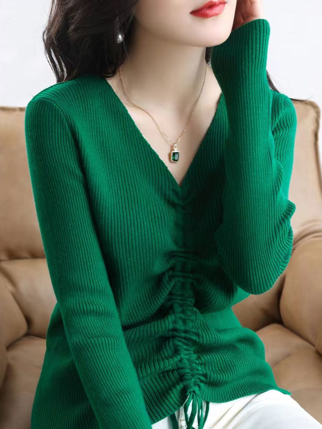 V-neck Drawstring Sweater