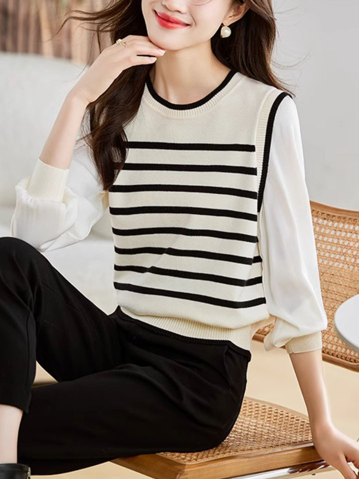 Long Sleeve Fake Two-Piece Striped Knit Top