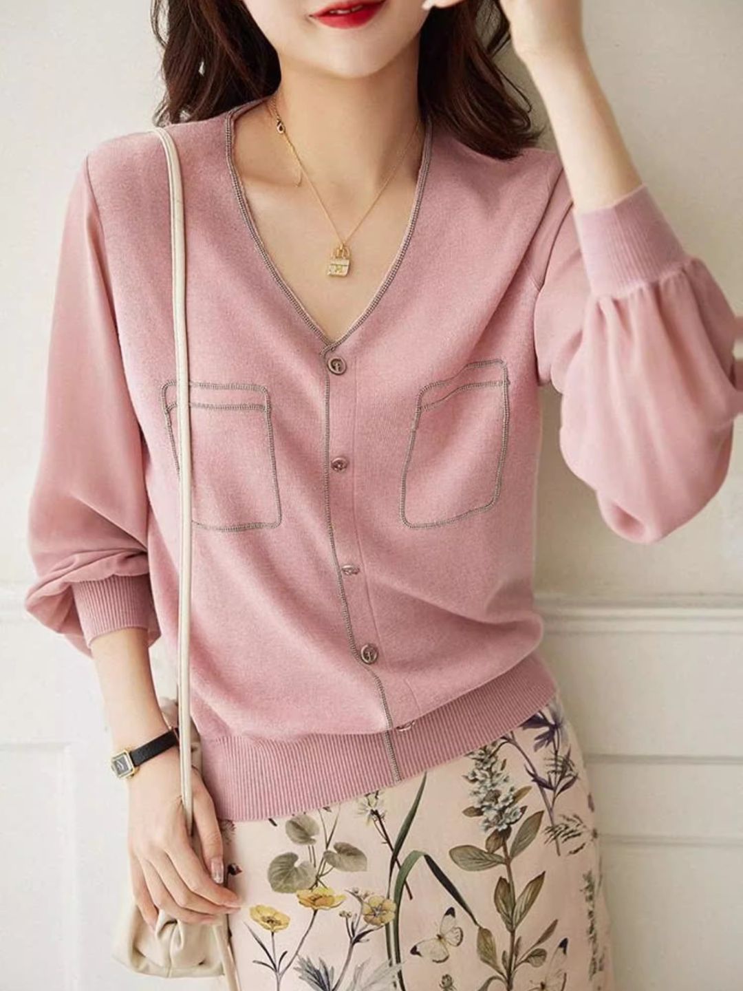 V-Neck Lantern Sleeve Sweater