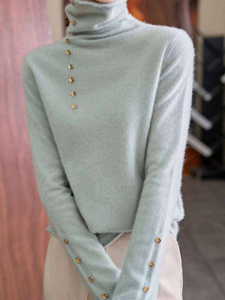 Vintage Buttoned Turtleneck Knitted Sweater - Blue