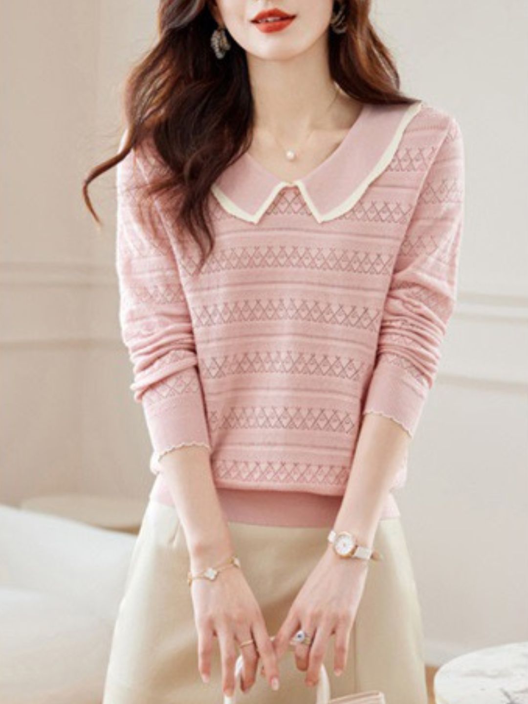 Grace Casual Doll Collar Hollowed Knitted Top