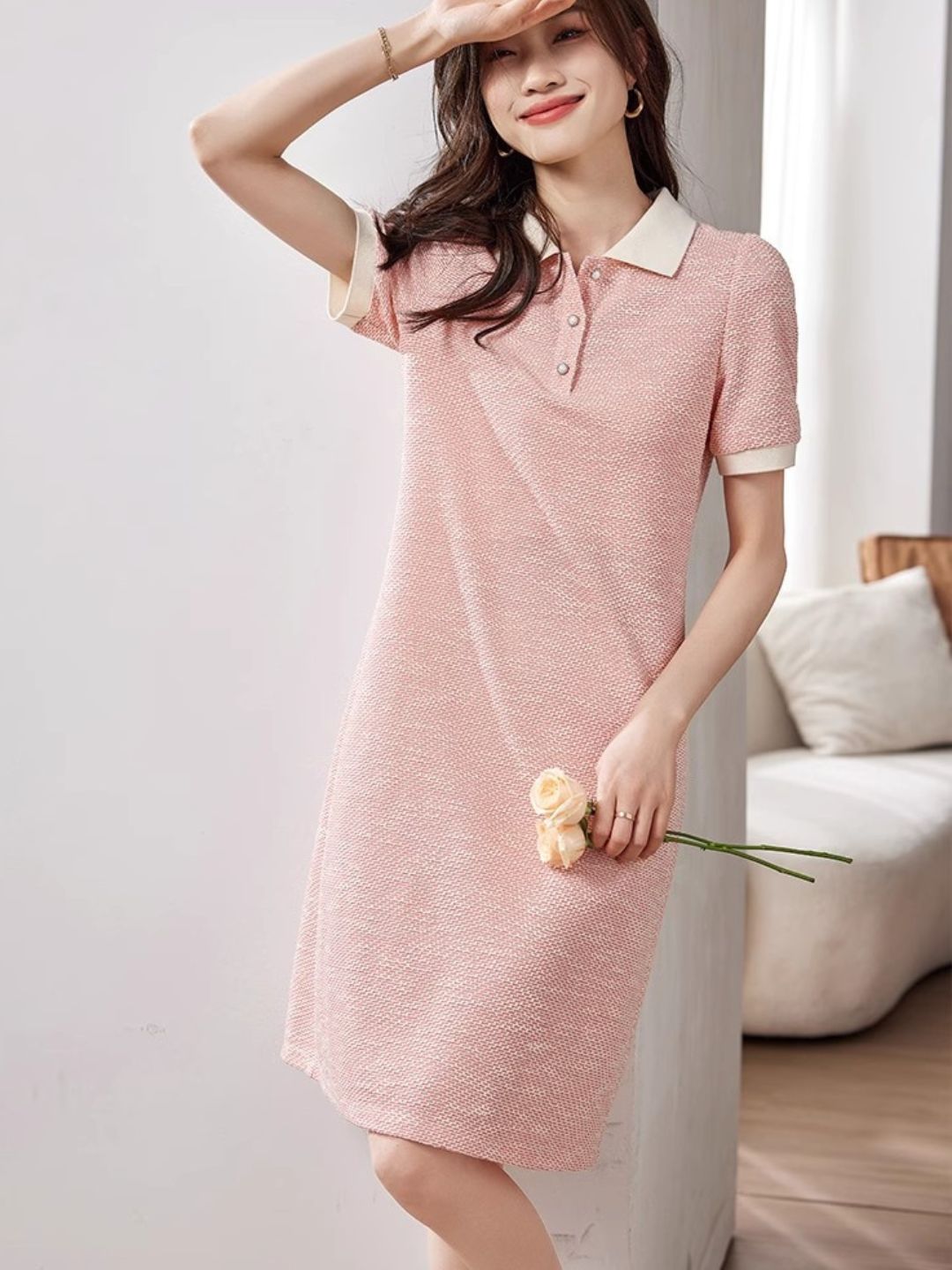 Contrast Color Lapel Textured Short Sleeve Dress