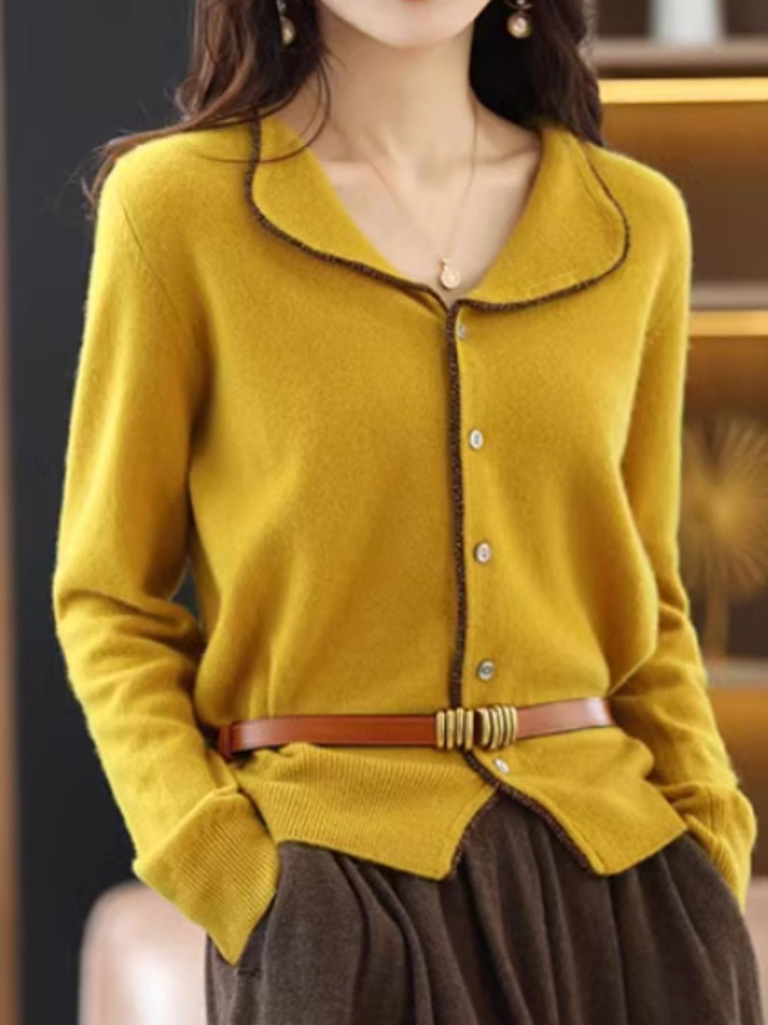 Vintage Lapel Single-breasted Sweater - Yellow