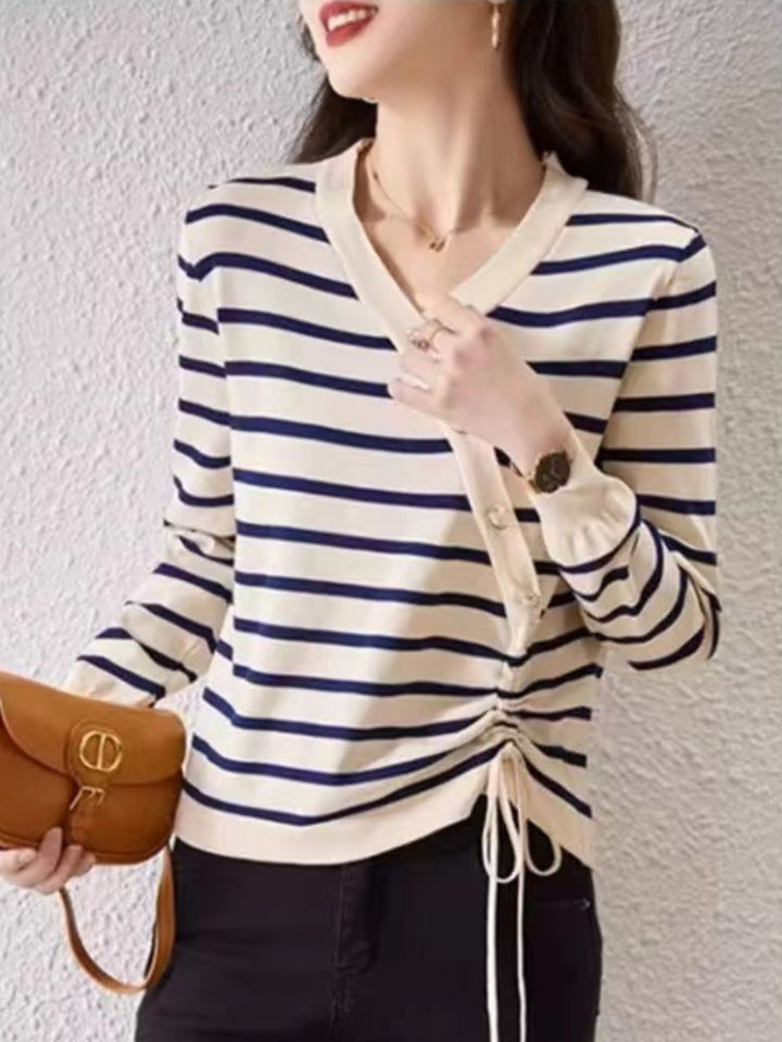 V-Neck Drawstring Striped Knitted Top