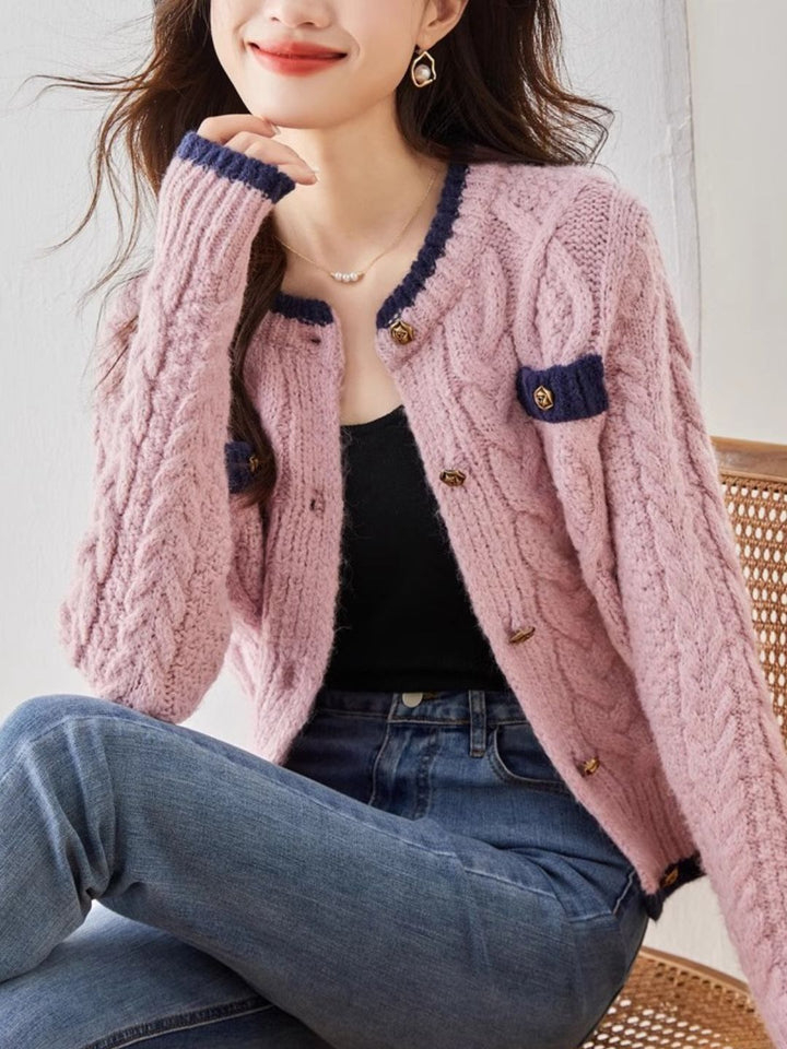 Classic Crew Neck Contrast Cardigan