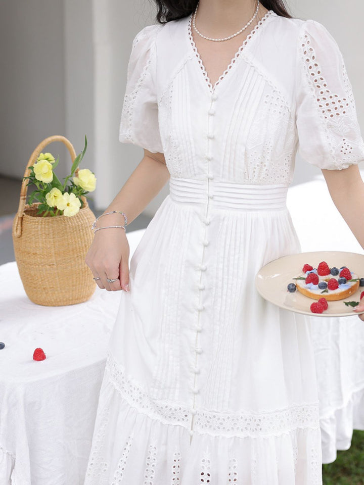 V-neck Lace Puff Sleeve Midi Dress