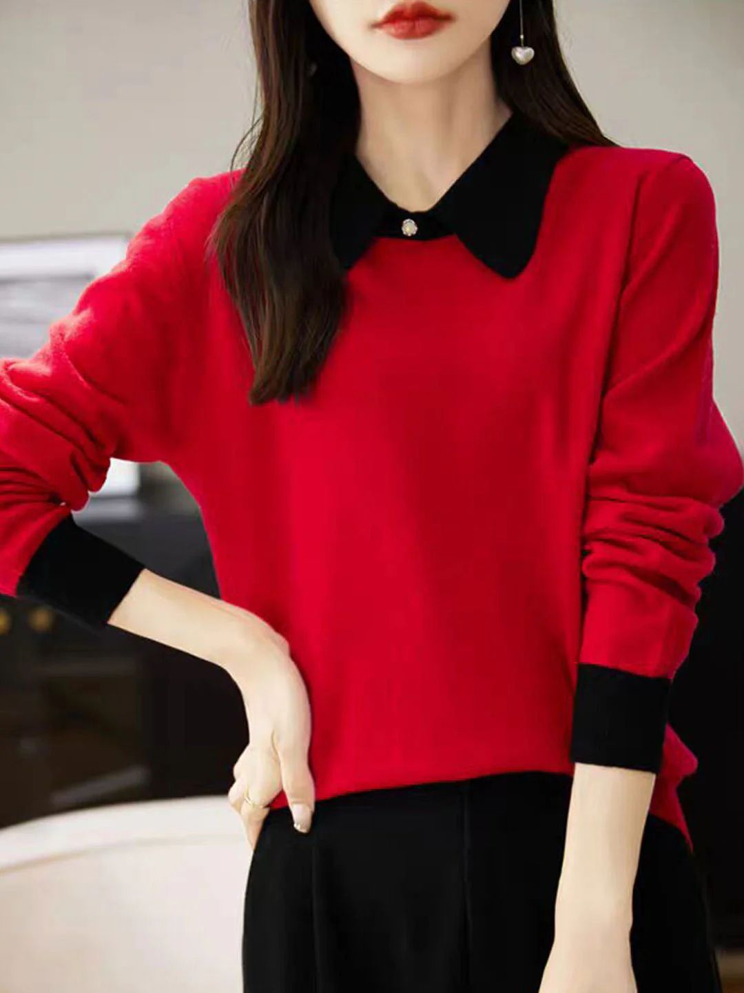 Loose Lapel Color-Blocked Knitted Top