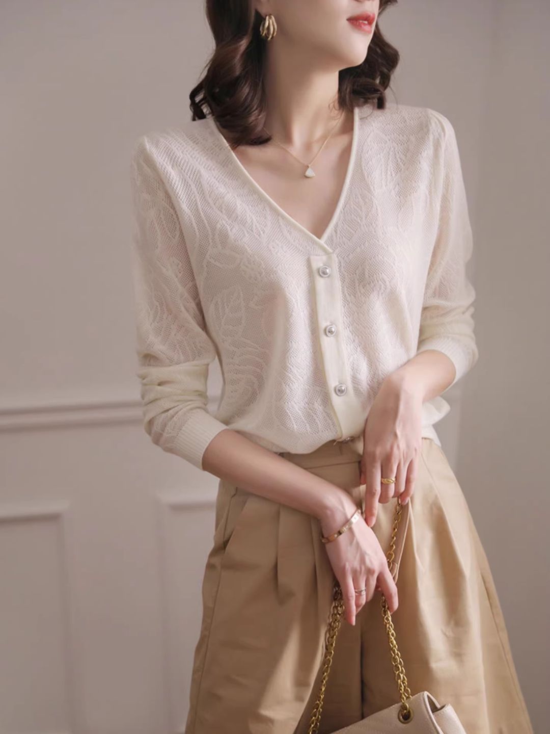 V-neck Hollow Loose Knit Sweater