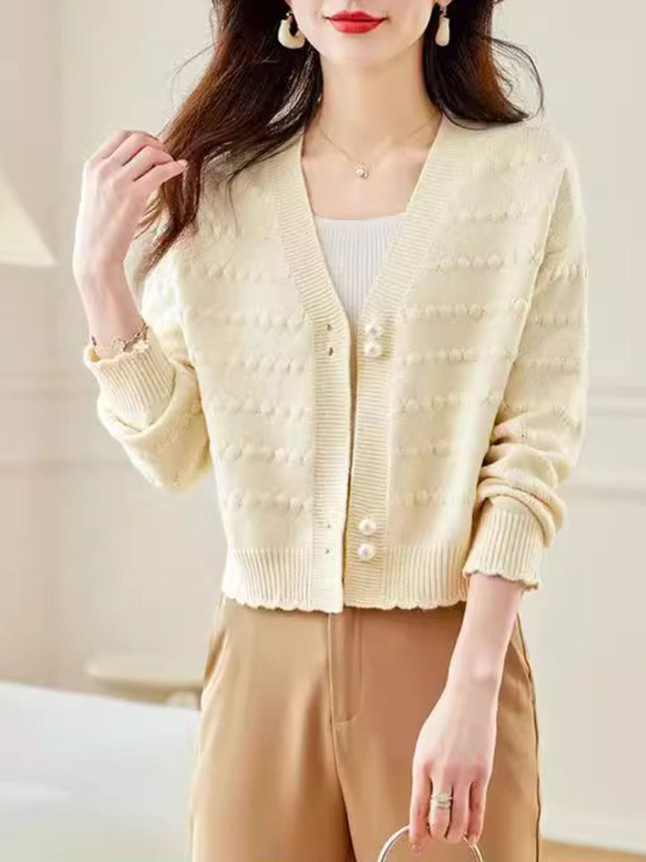 V-Neck Solid Color Auricular Knitted Cardigan - Green