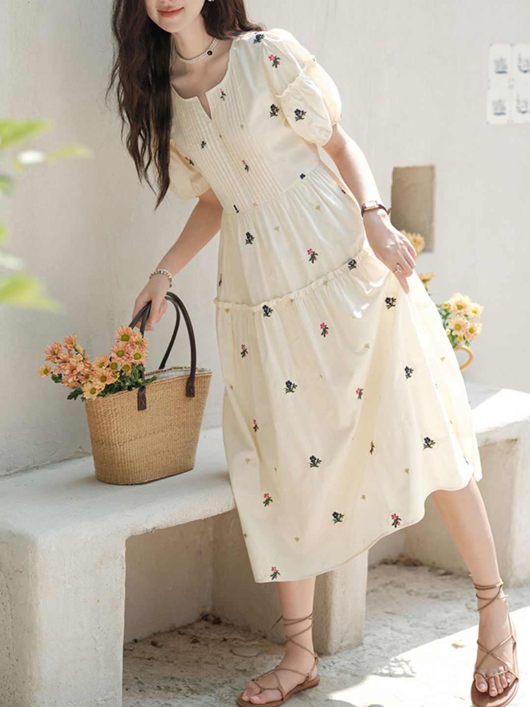 Puff Sleeve Embroidered Flower Dress