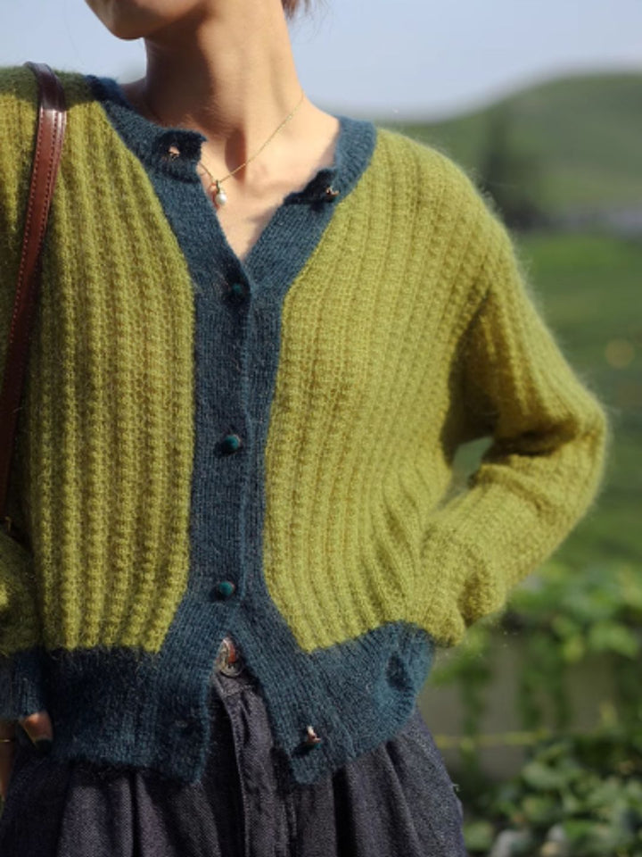 Contrast Loose Knit Cardigan - Green