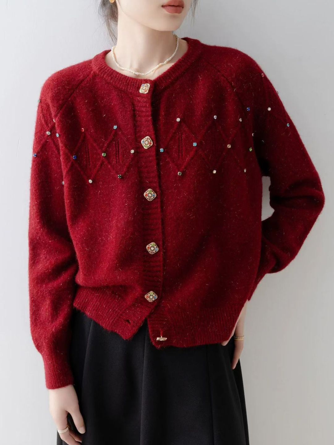 Crew Neck Beaded Knit Cardigan