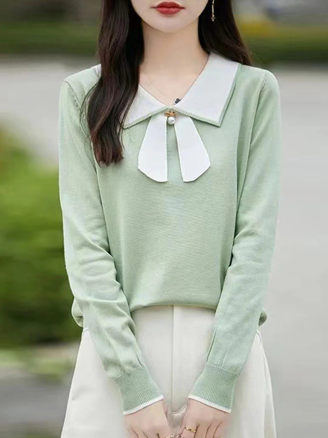 Doll Collar Bow Colorblock Knitted Top - Blue