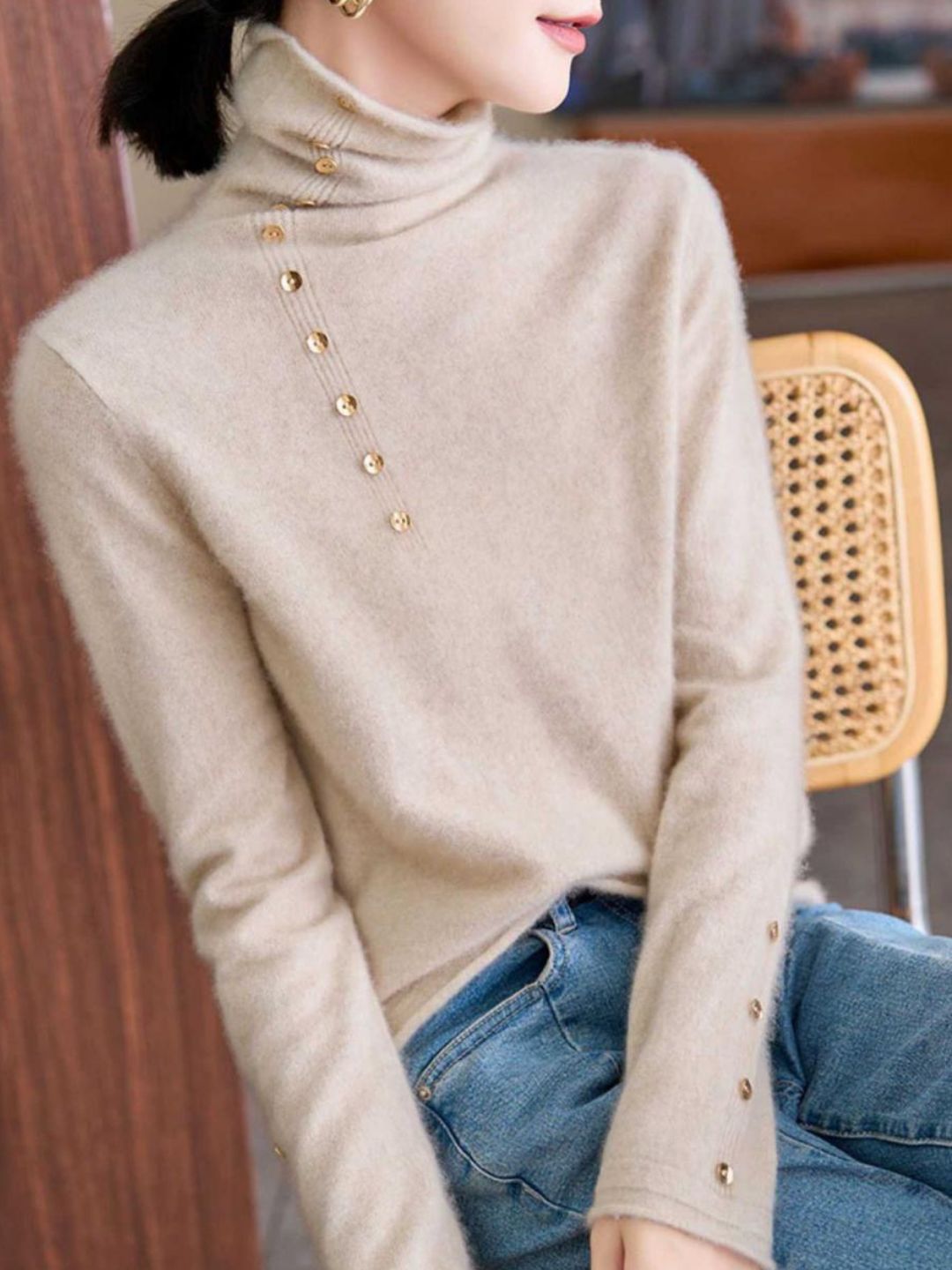 Vintage Buttoned Turtleneck Knitted Sweater - Blue