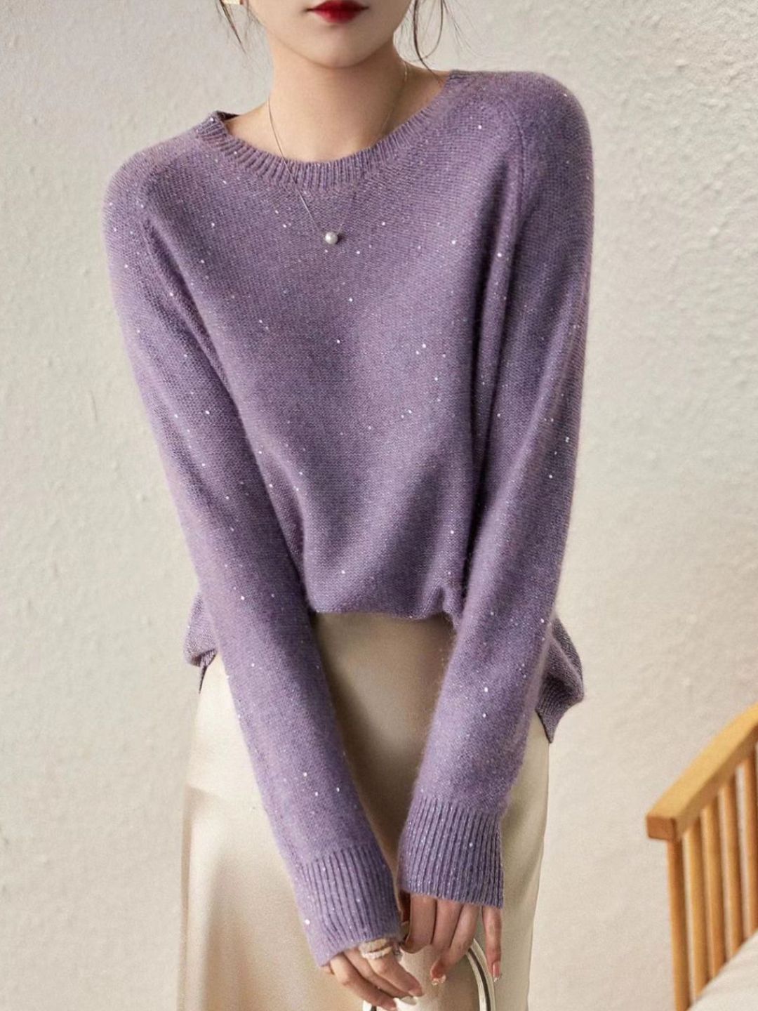 Classic Crew Neck Sequined Sweater