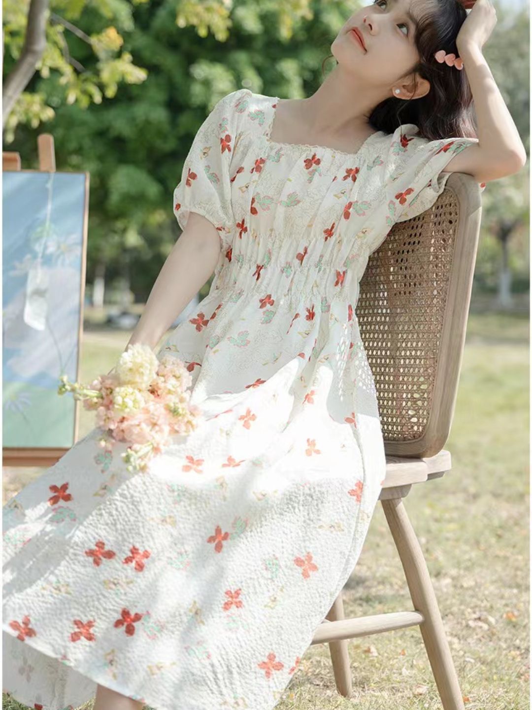 Puff Sleeve Slim Floral Dress