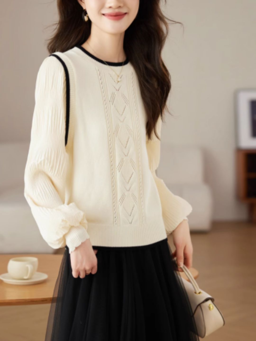 Casual Round Neck Lantern Sleeve Sweater