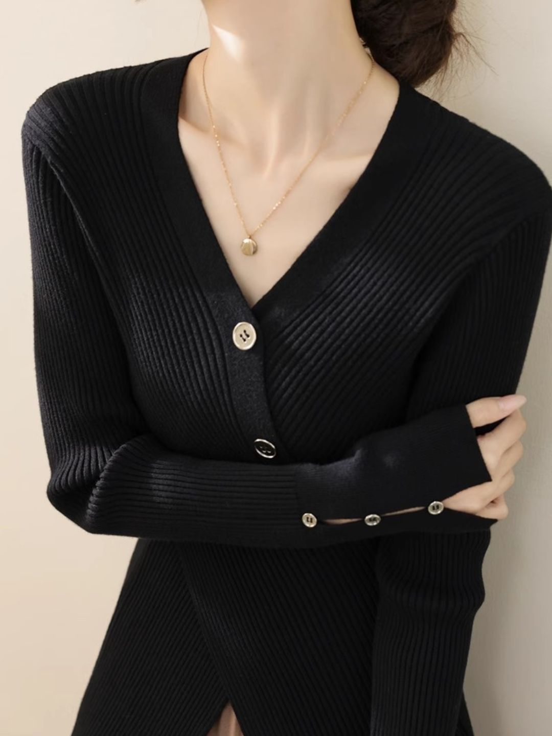 V-neck Cross Button Slit Sweater