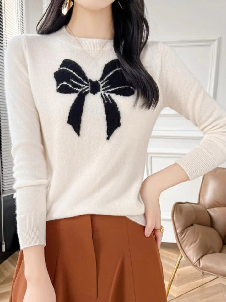 Loose Crew Neck Bow Jacquard Knitted Top