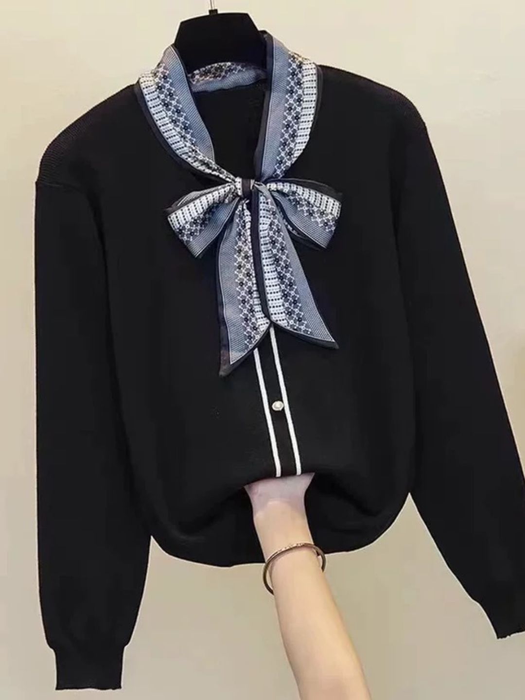 Bowknot Ribbon Knit Sweater Spliced Top