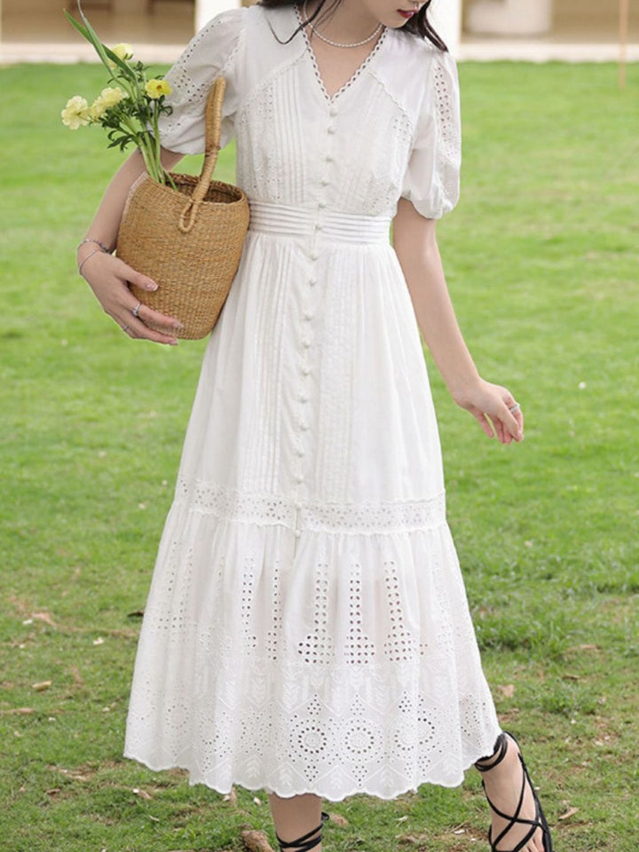 V-neck Lace Puff Sleeve Midi Dress