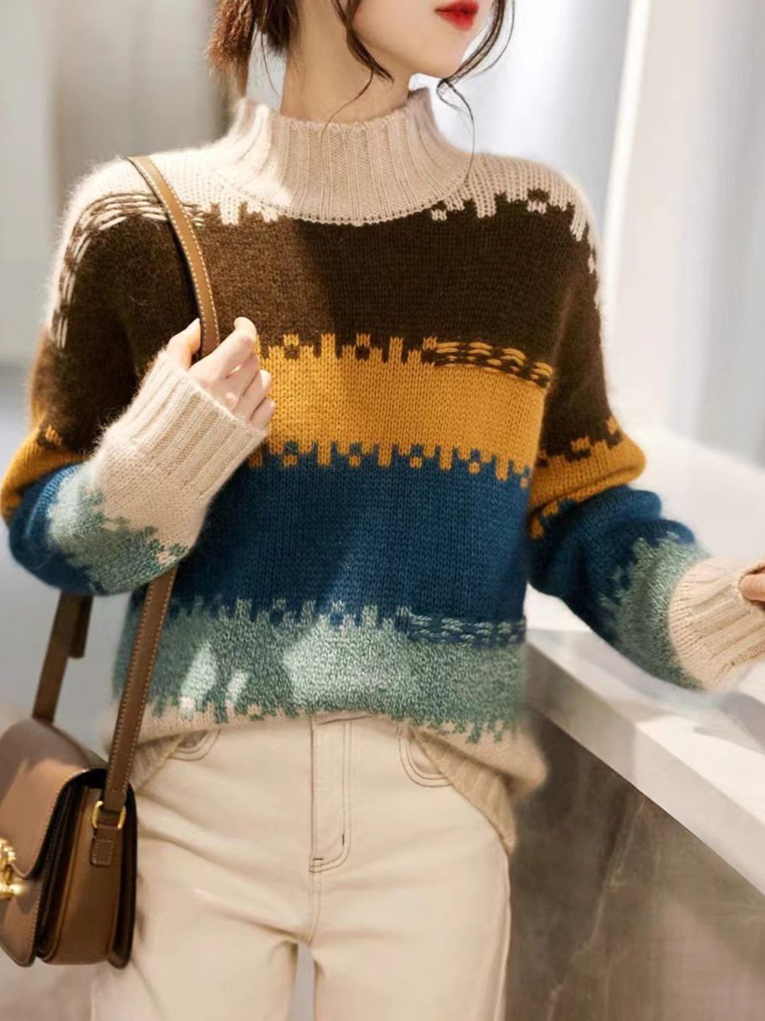 Elegant Rainbow Striped Turtleneck Sweater