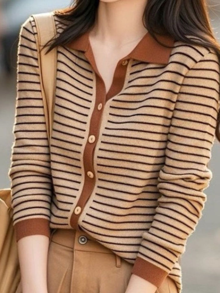 Brown Striped Lapel Knit Cardigan