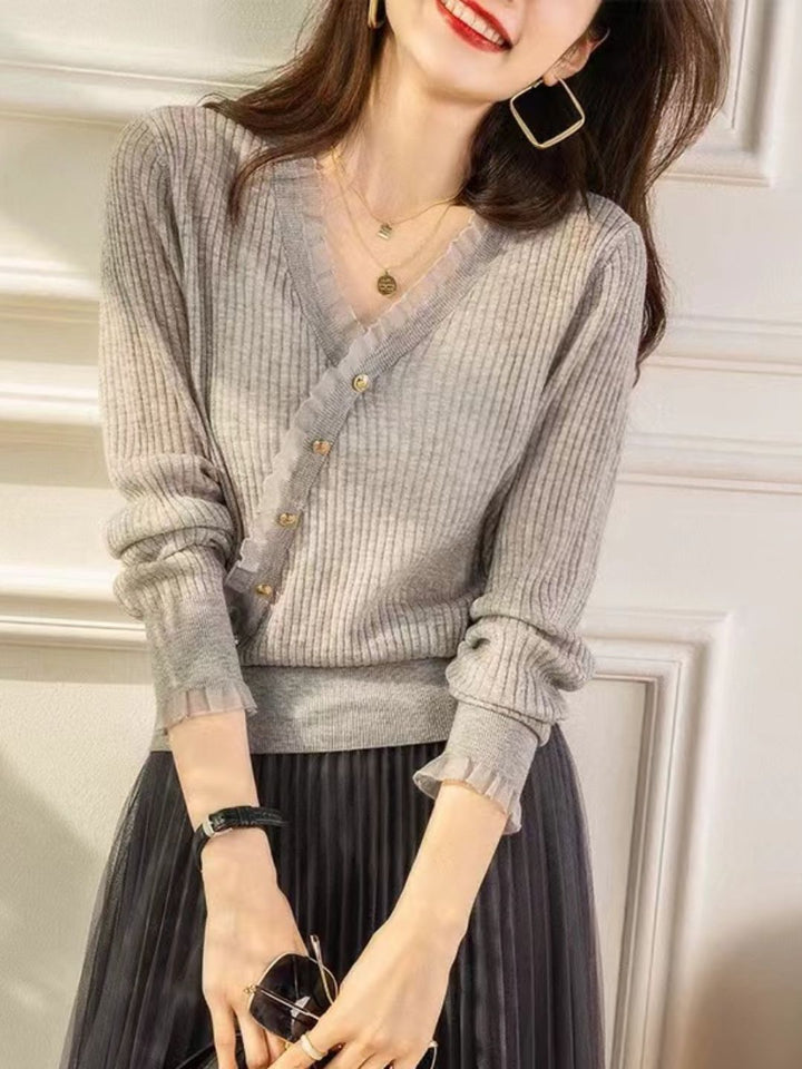 Casual V-neck Lace Knitted Cardigan